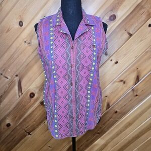 Karen Scott Vtg 100% Cotton‎ Aztec Tank Top Button Small Collared V Neck